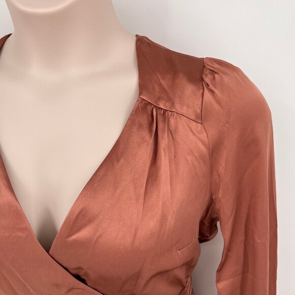 Reformation Silk Mini Dress Size M Rust Wrap Tie Waist Long Sleeve V-Neck - Picture 5 of 9
